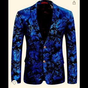 Men's Velvet Dress Floral Suit Notched Lapel Slim Fit Stylish Blazer SMALL